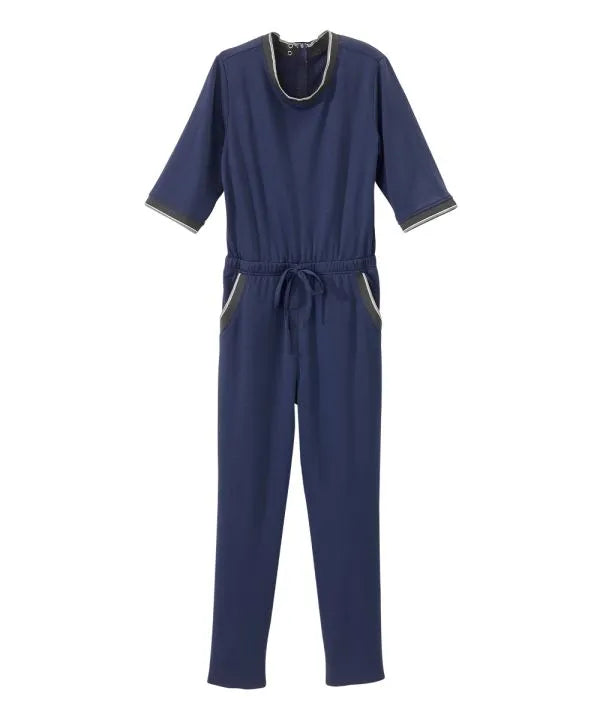 Front of the navy Women's Full Back Zipper Jumpsuit