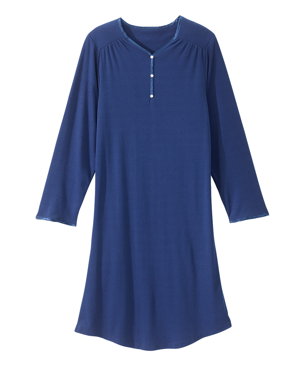 Front of the navy Women's Long Sleeve Open Back Nightgown