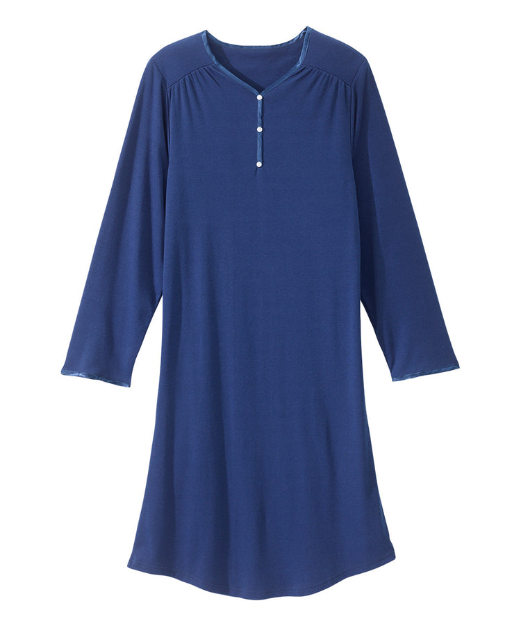 Front of the navy Women's Long Sleeve Open Back Nightgown
