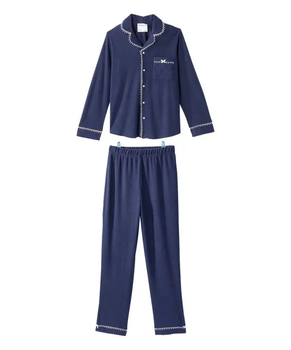 Front of the navy Women's Knit Pajama Set With Back Overlap Top & Pull-on Pant