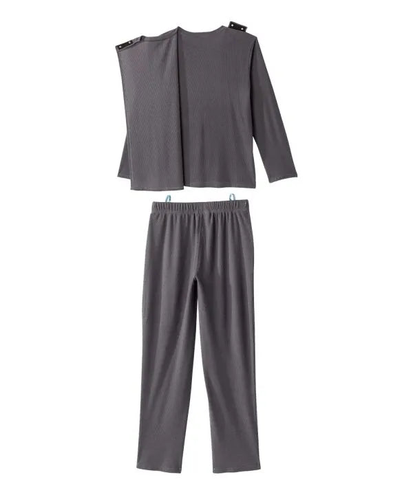 Back of the pewter Men's Knit Pajama Set With Back Overlap Top & Pull-on Pant