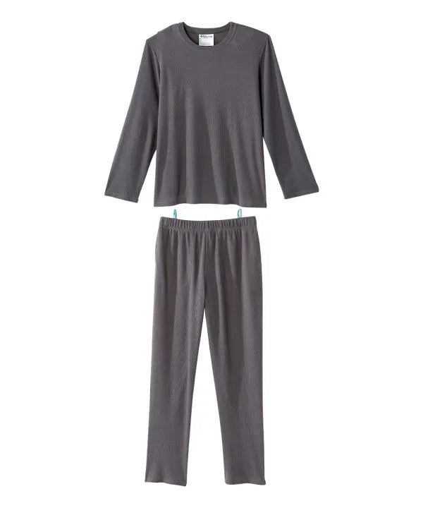 Front of the pewter Men's Knit Pajama Set With Back Overlap Top & Pull-on Pant