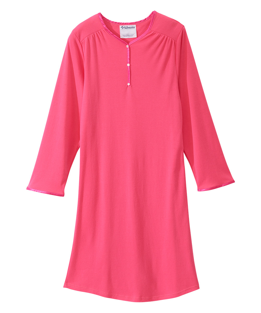 Front of the pink Women's Long Sleeve Open Back Nightgown
