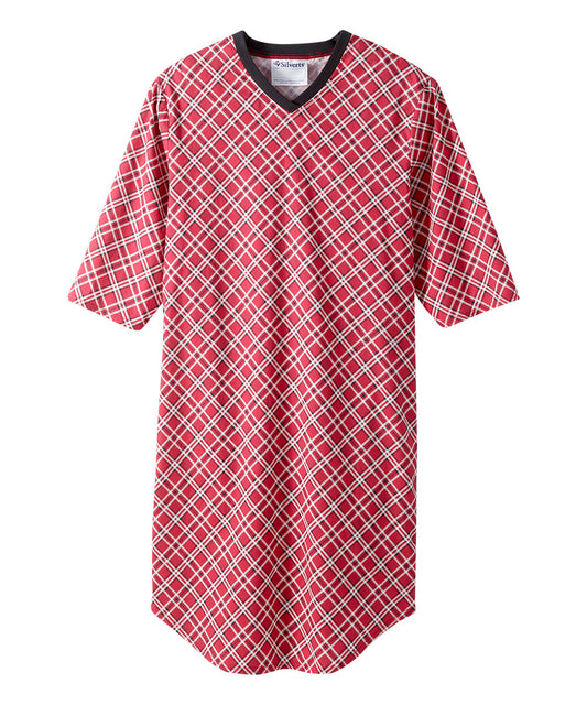 Front of the red tartan Men's Open Back Nightgown