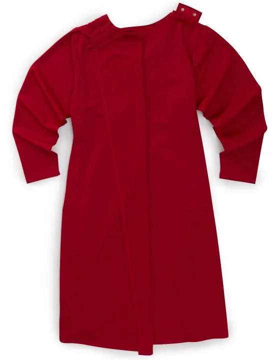 Snap closure of the red Women's Ponte Long Sleeve Open Back Dress