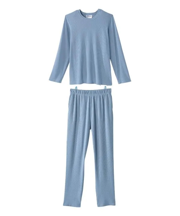 Front of the steel blue Men's Knit Pajama Set With Back Overlap Top & Pull-on Pant