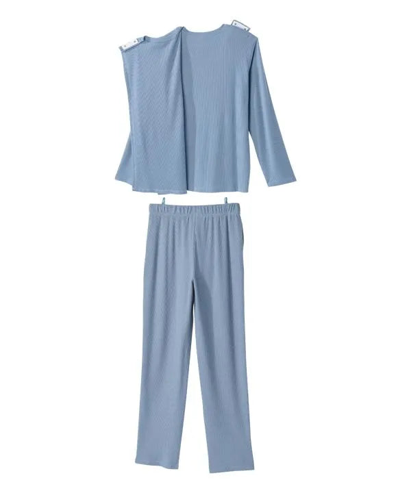 Back of the steel blue Men's Knit Pajama Set With Back Overlap Top & Pull-on Pant