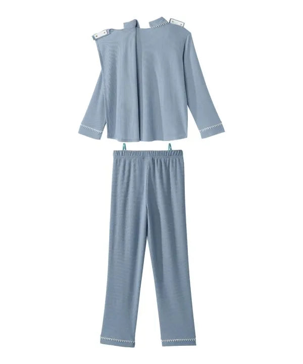 Back of the steel blue Women's Knit Pajama Set With Back Overlap Top  & Pull-on Pant