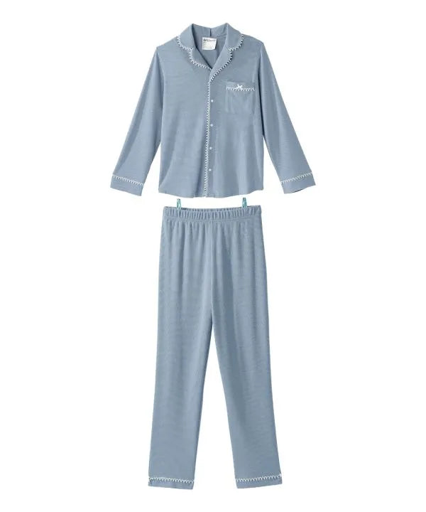 Front of the steel blue  Women's Knit Pajama Set With Back Overlap Top  & Pull-on Pant