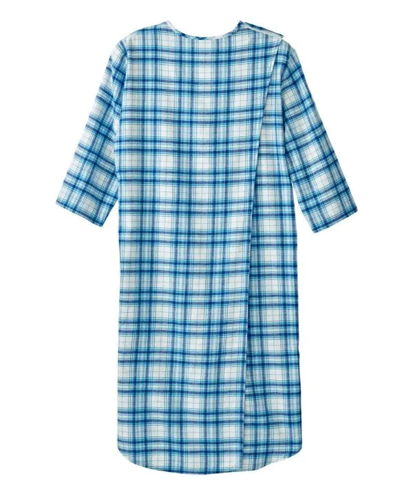 Turquoise plaid Men's Flannel Open Back Nightgown closed