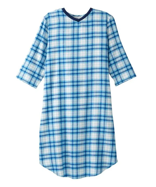 Front of the turquoise plaid Men's Flannel Open Back Nightgown