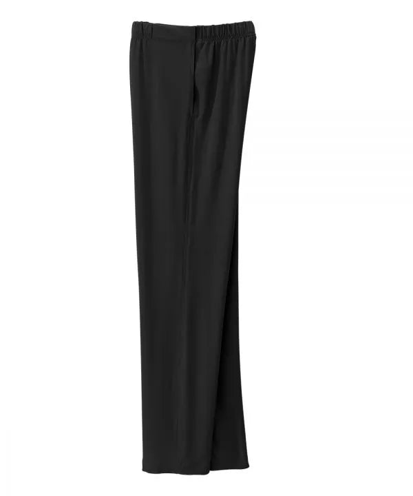 Women’s black pants with side closure, adjustable straps, and loop fasteners on waistband. side view
