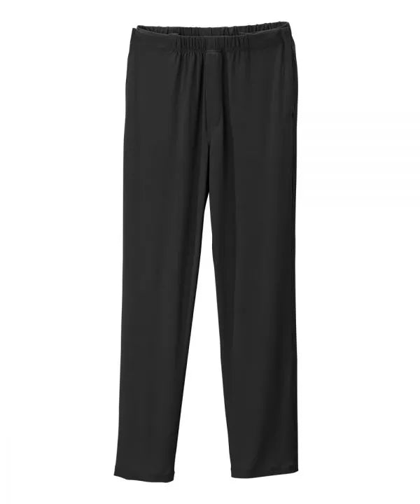 Women’s black pants with side closure, adjustable straps, and loop fasteners on waistband.
