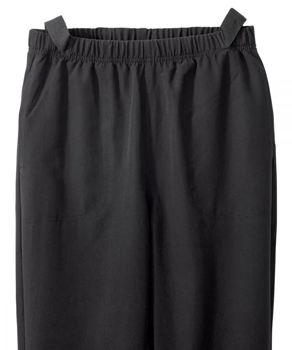 Women's black pant with easy grip pulls, pull straps