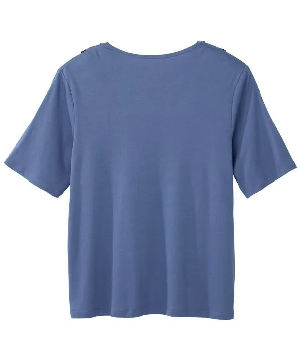 Back of ciel blue recovery top with zipper access
