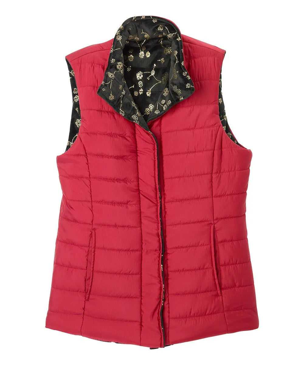 Front of the Red Floral Women’s Reversible Front Vest with Magnetic buttons