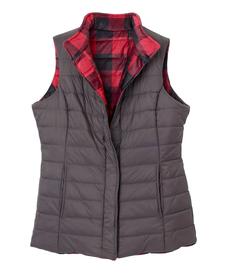 Front of the Red Plaid Women’s Reversible Front Vest with Magnetic buttons