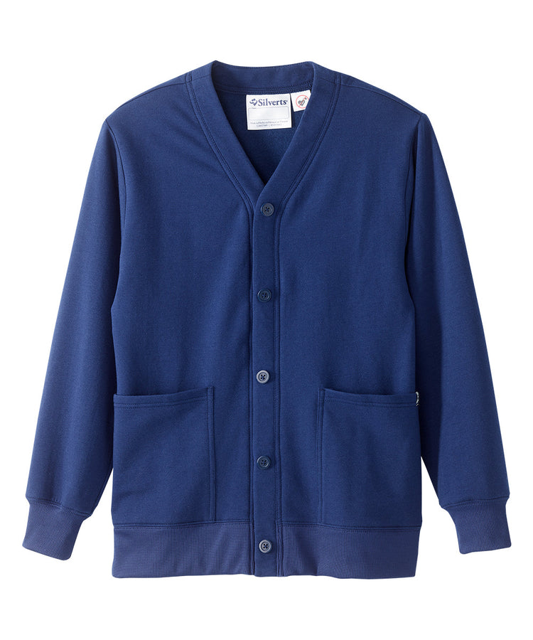 Front of the Navy Women’s Self Dressing Fleece Cardigan with Magnetic Button