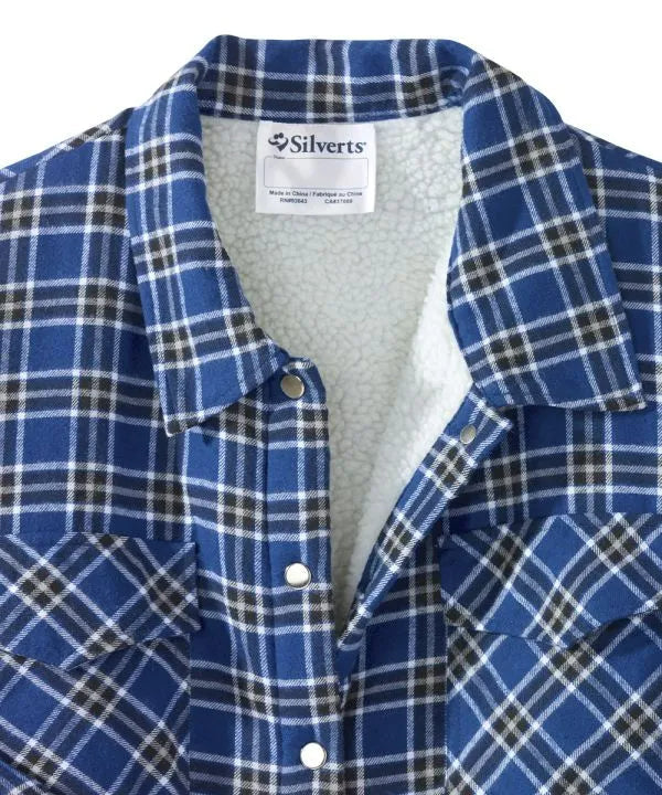 mens mid blue plaid sherpa lined jacket with magnetic buttons