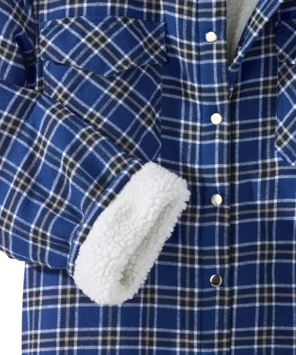 mens mid blue plaid sherpa lined jacket with magnetic buttons